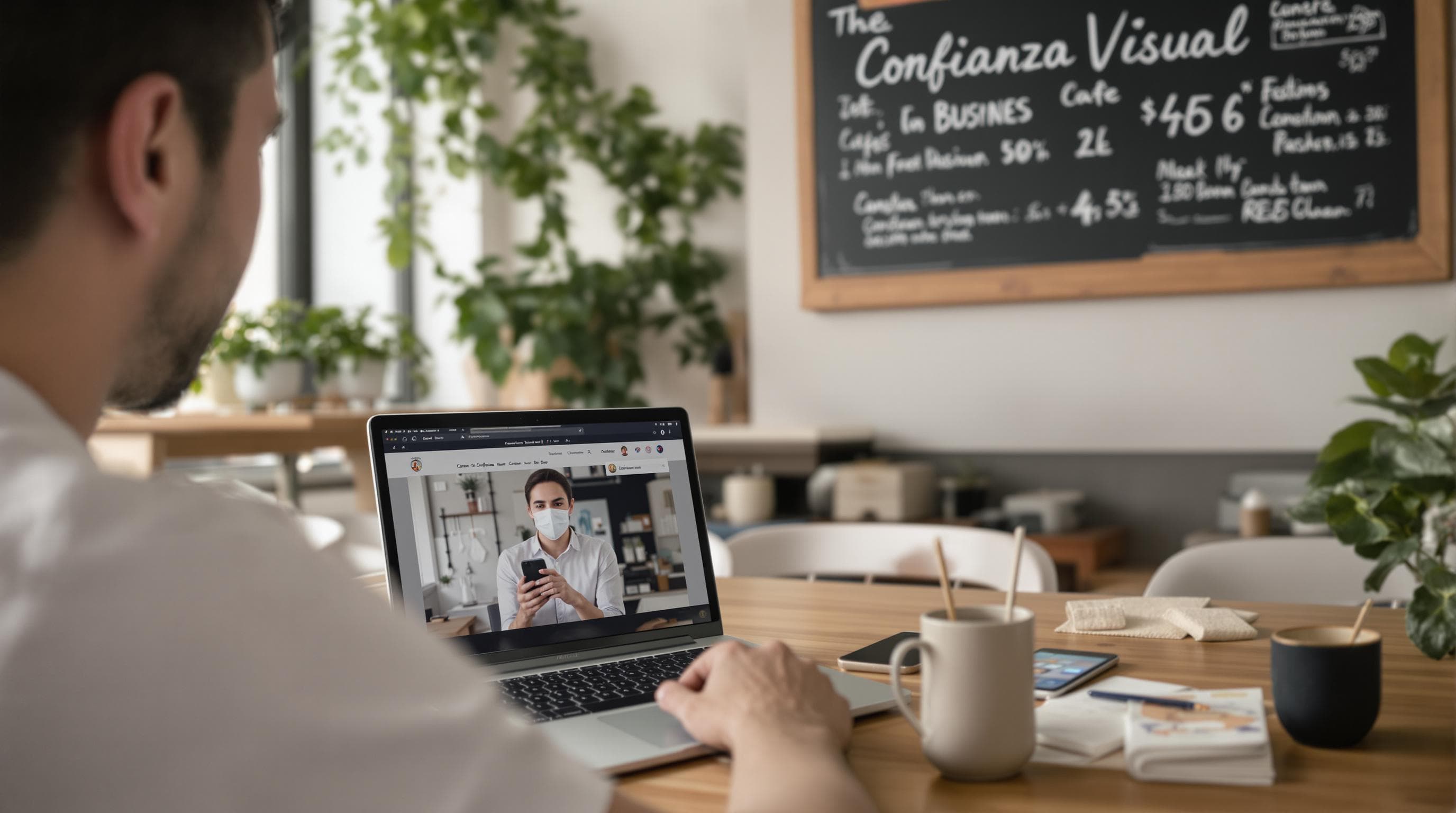 Client evaluating business profile online, trusting updated professional photo.