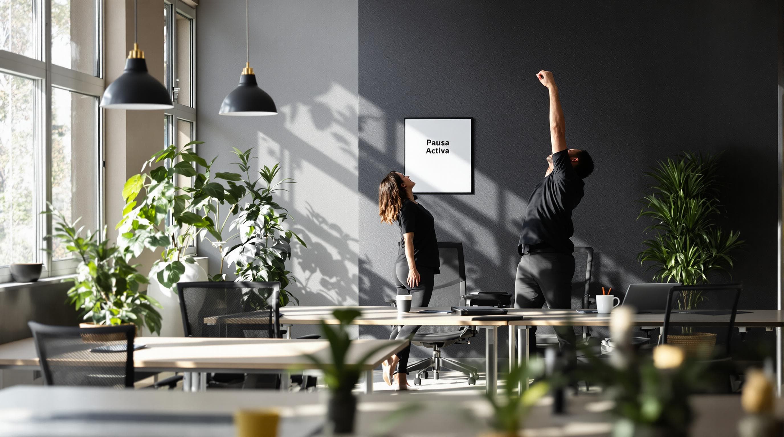Colleagues doing active breaks with posture-friendly office setup