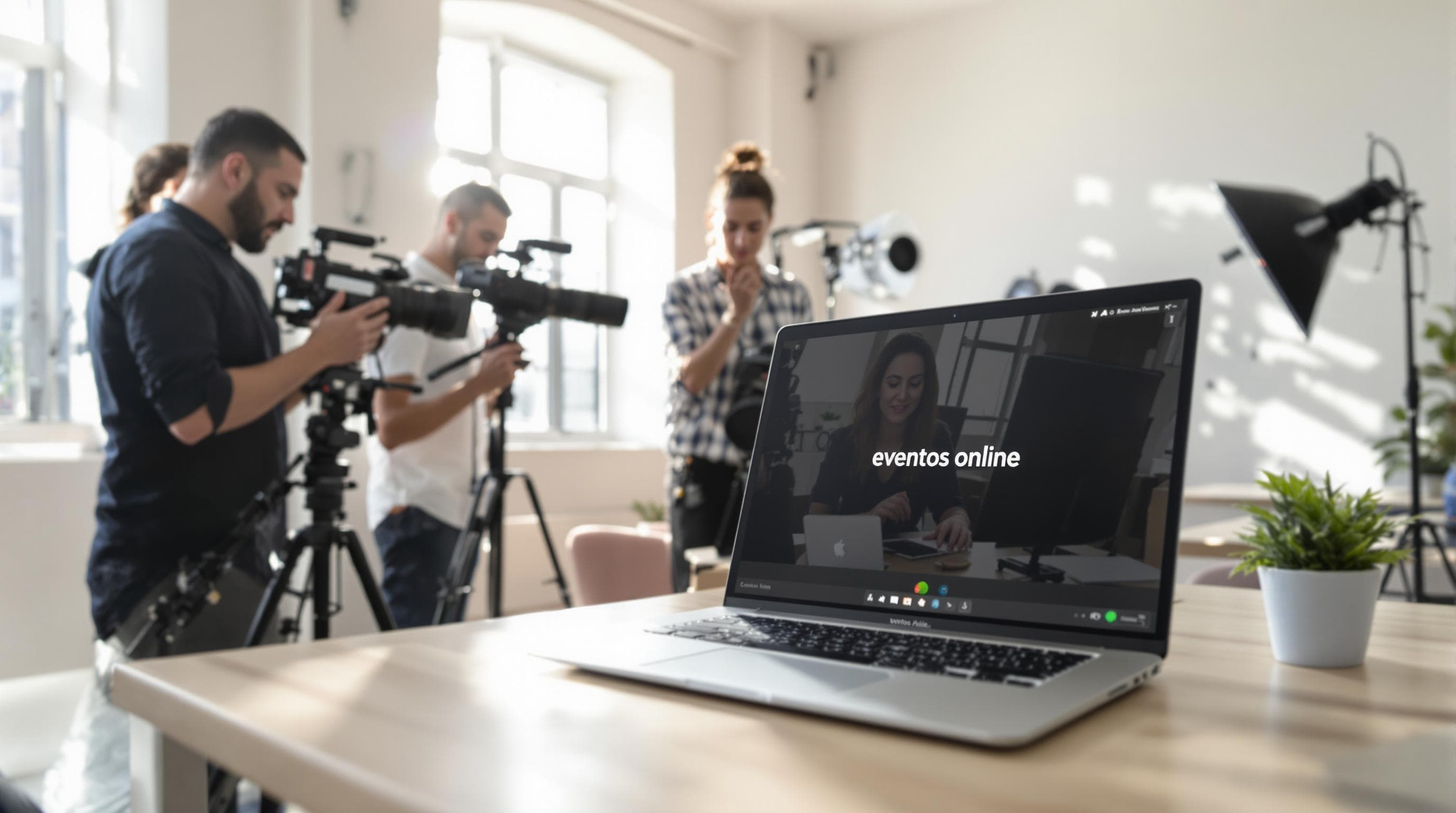 Professionals preparing online event photo session with 'eventos online' on screen