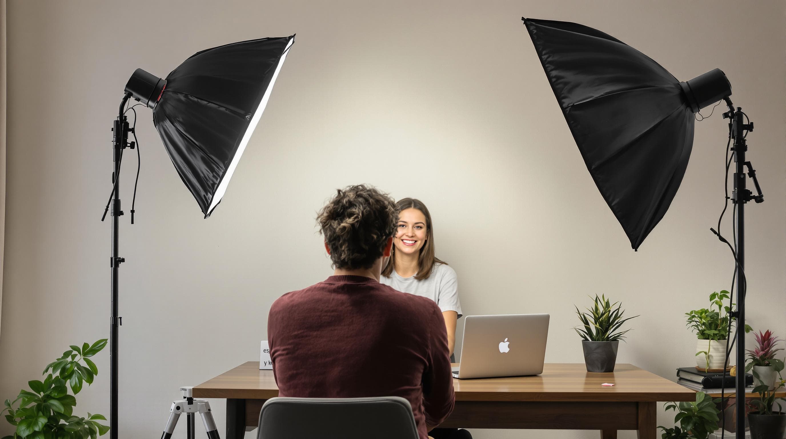 Photographer sets up light for online session with 'espacio y luz' visible