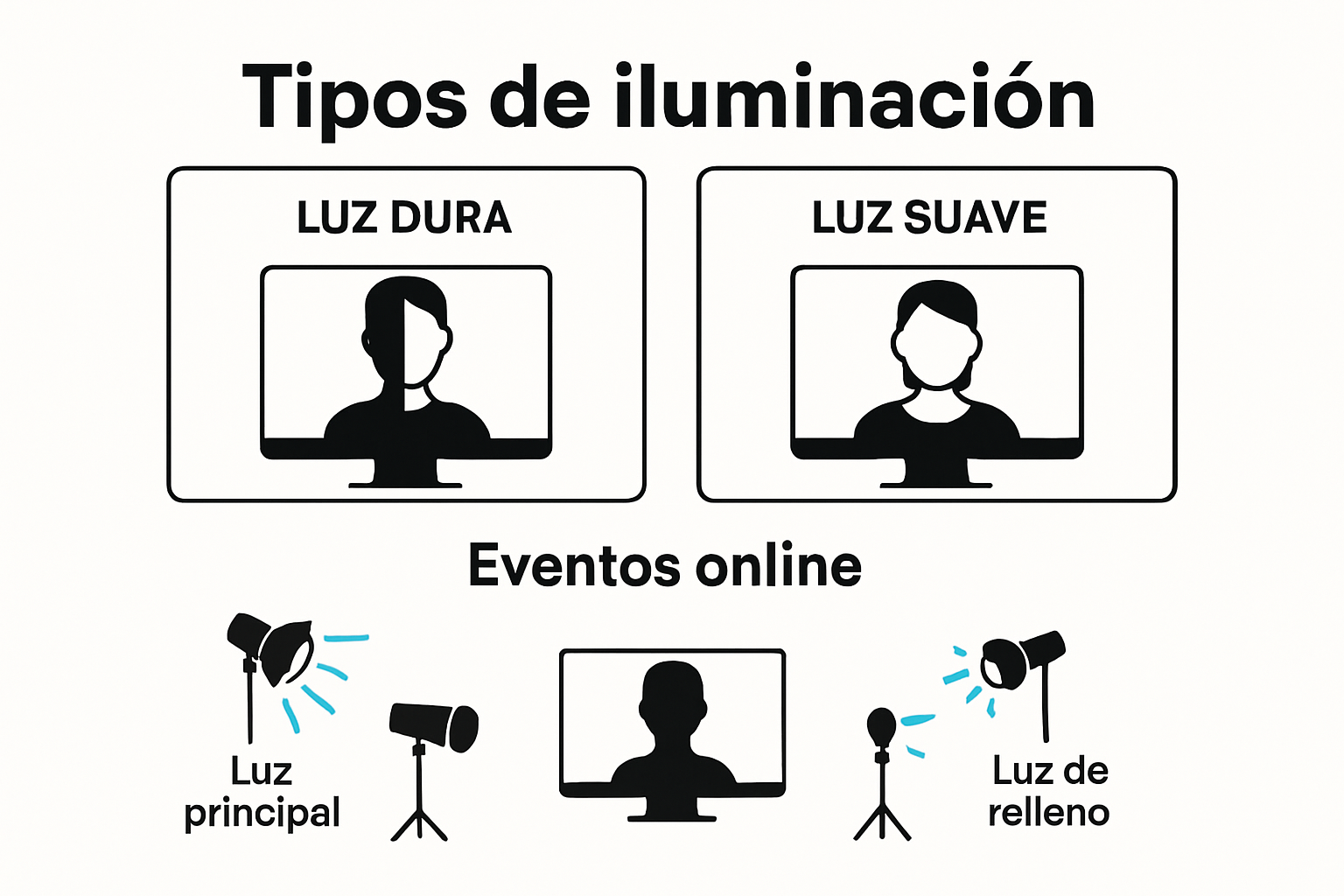 Infografía sobre tipos y esquemas de iluminación para eventos online