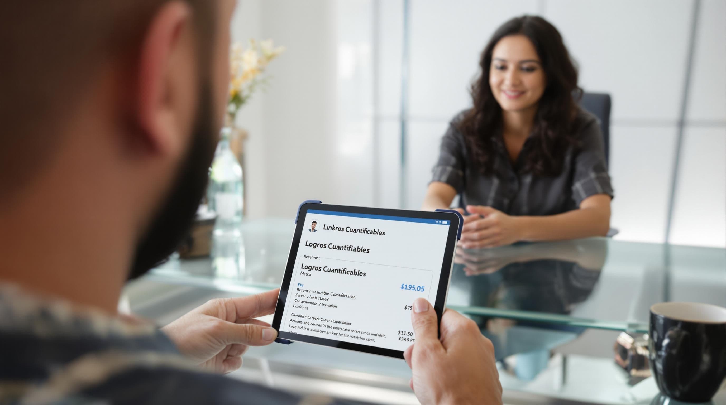 Candidate in interview sharing career achievements, LinkedIn experience tablet shows 'Logros Cuantificables'