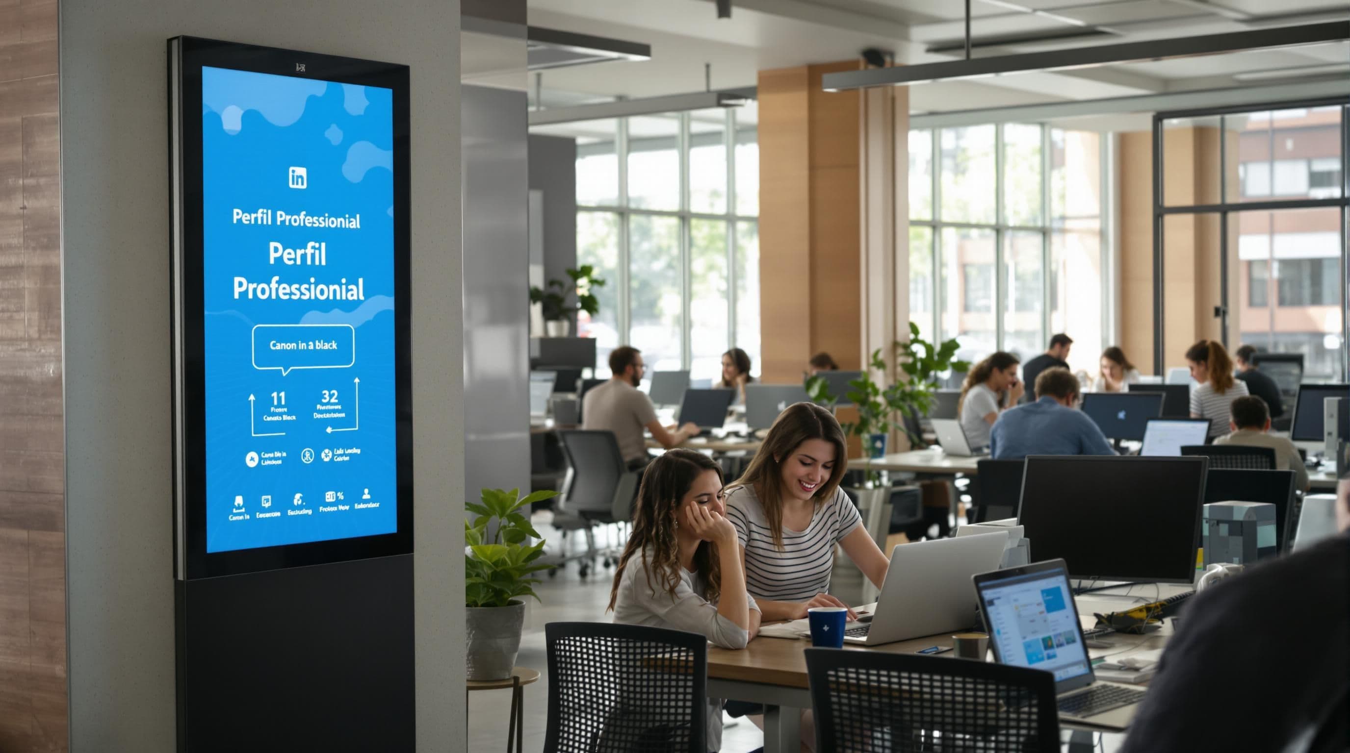 Latin American office with professionals updating LinkedIn profiles, digital signage says 'Perfil Profesional'