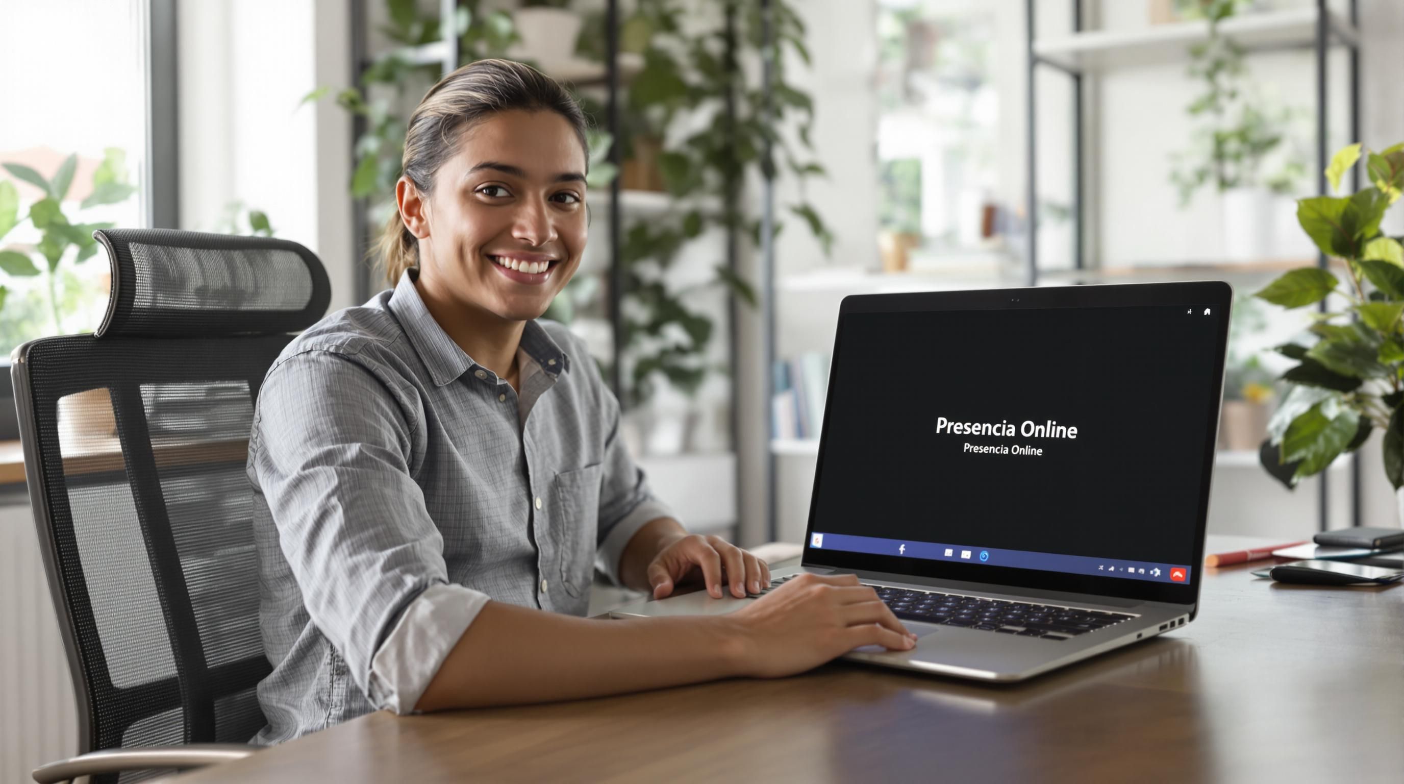 Young professional upright on video call at home office
