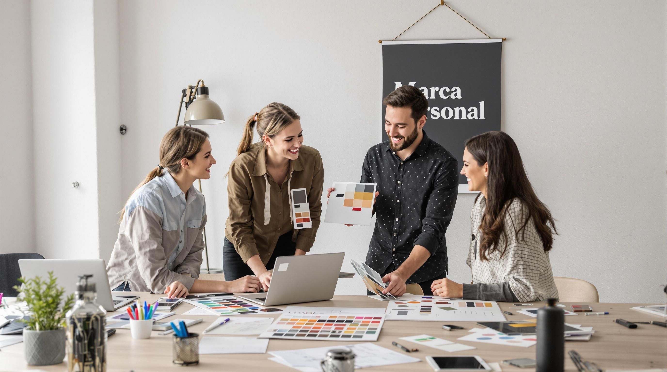 Team collaborating on personal brand visuals with Marca Personal poster