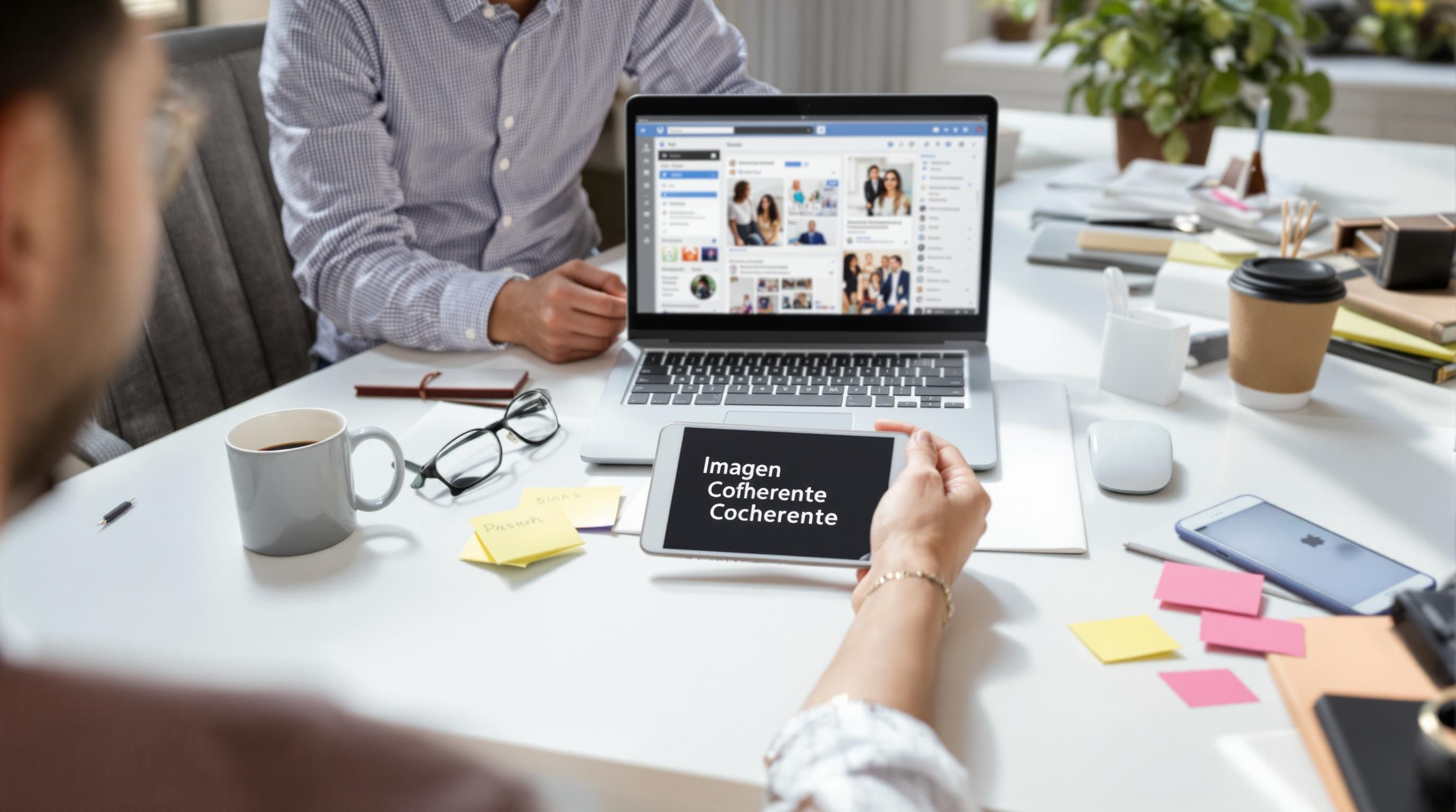 Professional comparing digital profiles in office, desk sign says Imagen Coherente