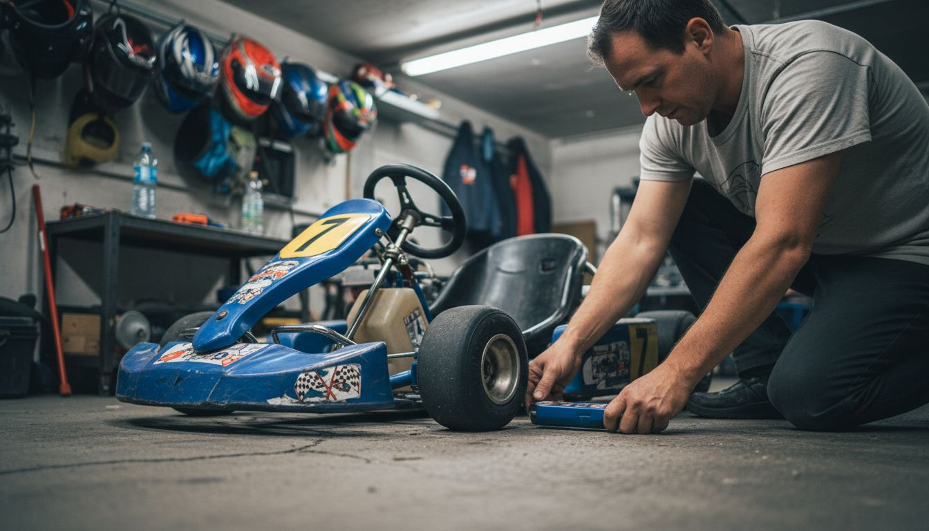 Parent inspecting go-kart tire in garage