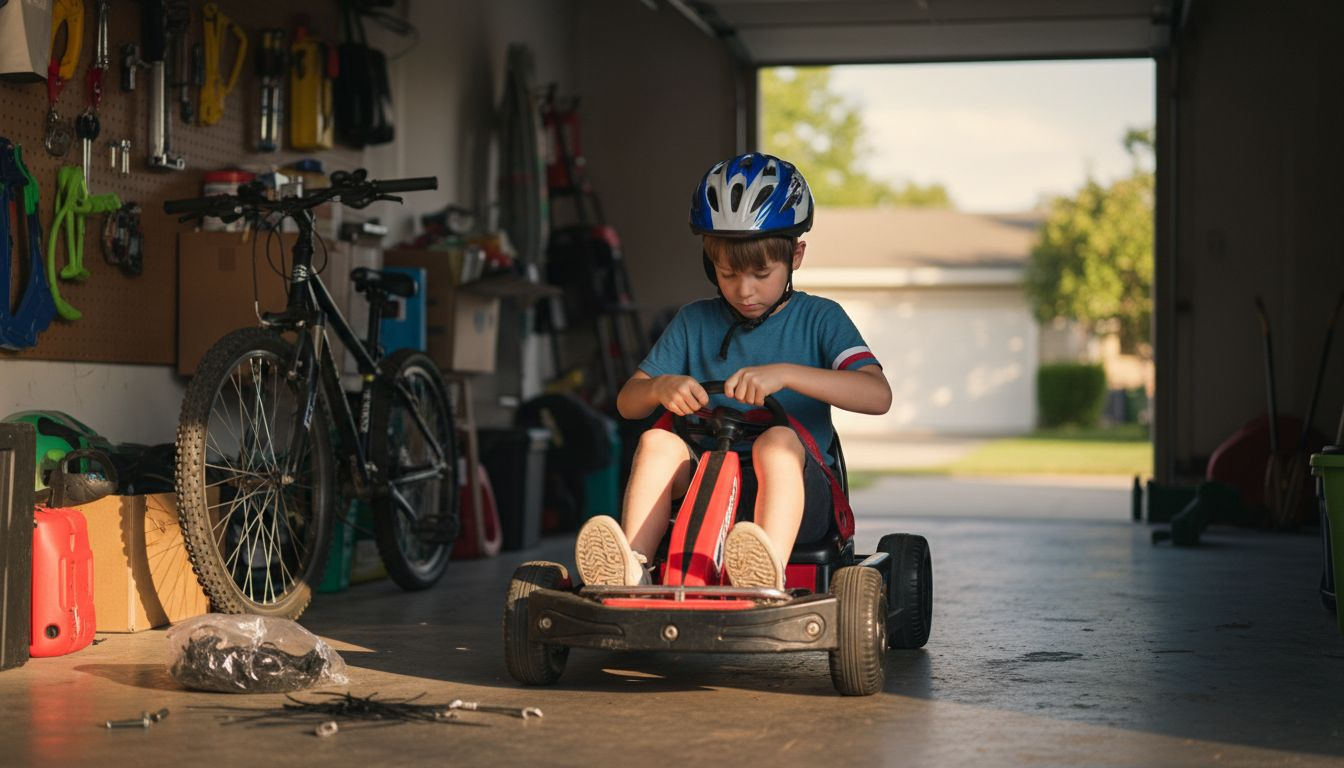 Young boy securing helmet in electric go-kart