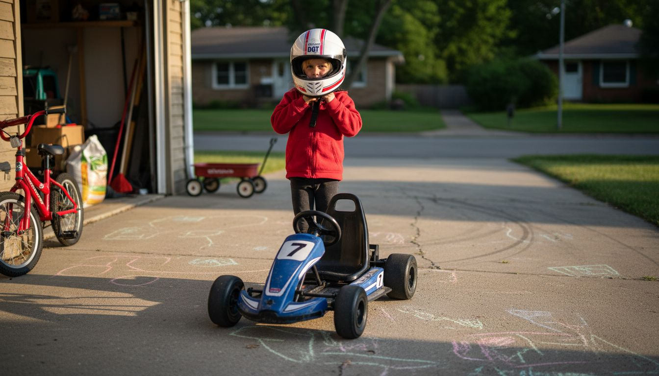 Child adjusting helmet next to electric go-kart