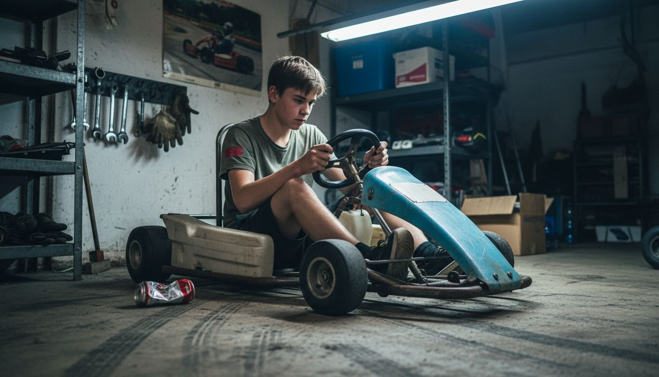 Teen with entry-level go-kart in garage
