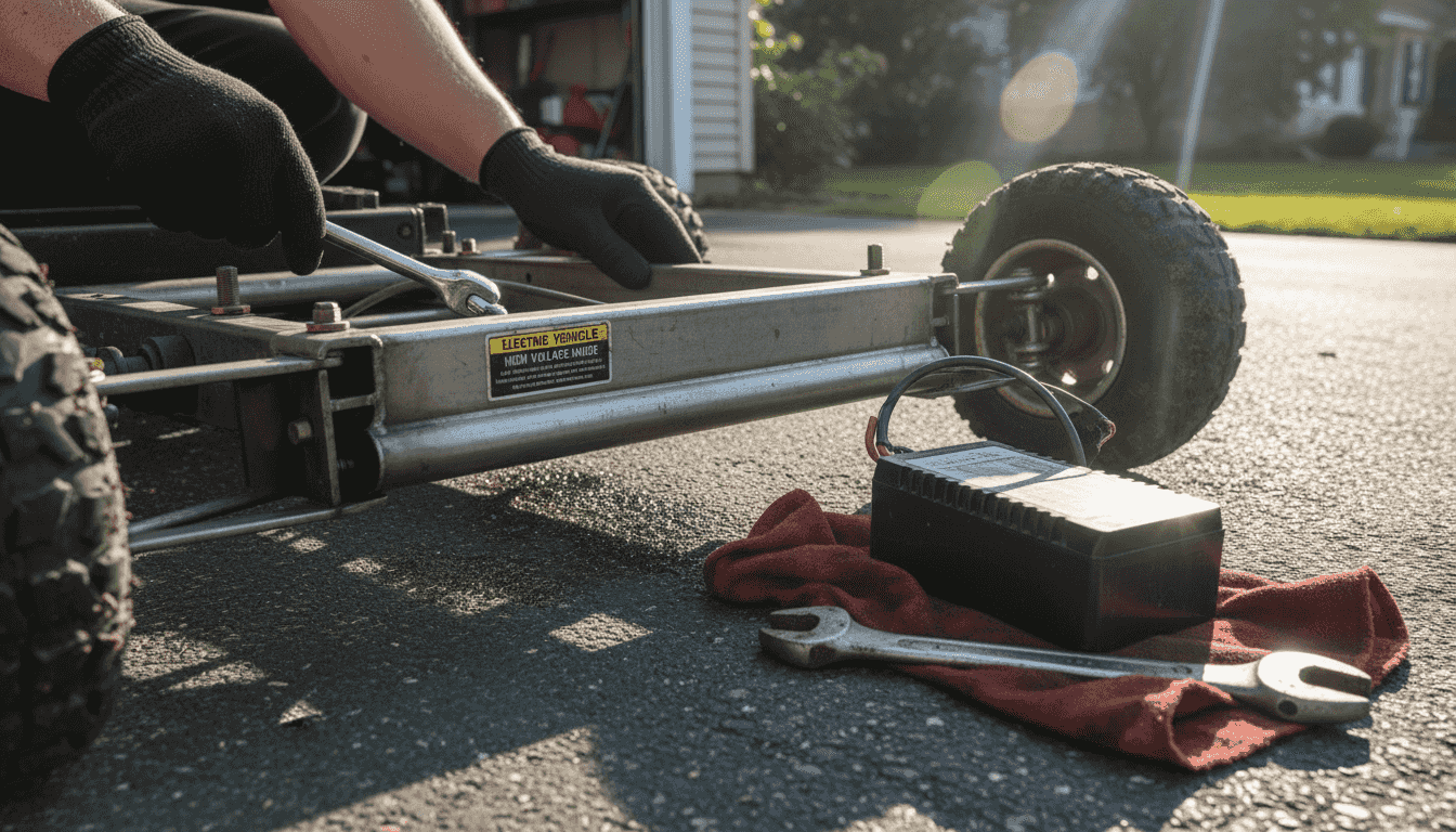 Mechanic adjusts electric go-kart frame details