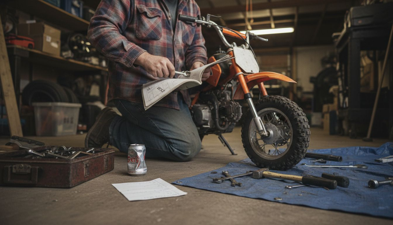 Parent assembling mini bike in garage