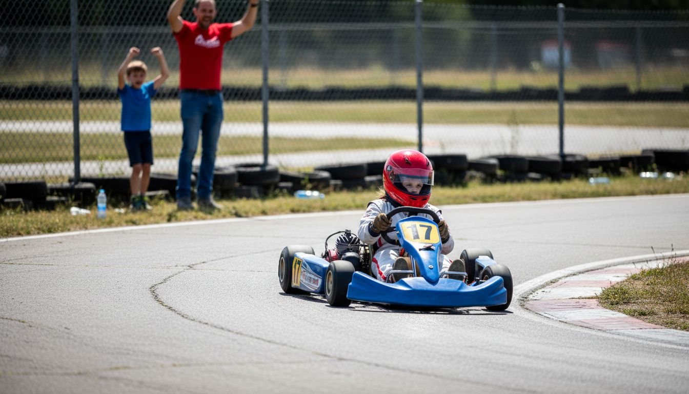 Girl drives go-kart while family cheers