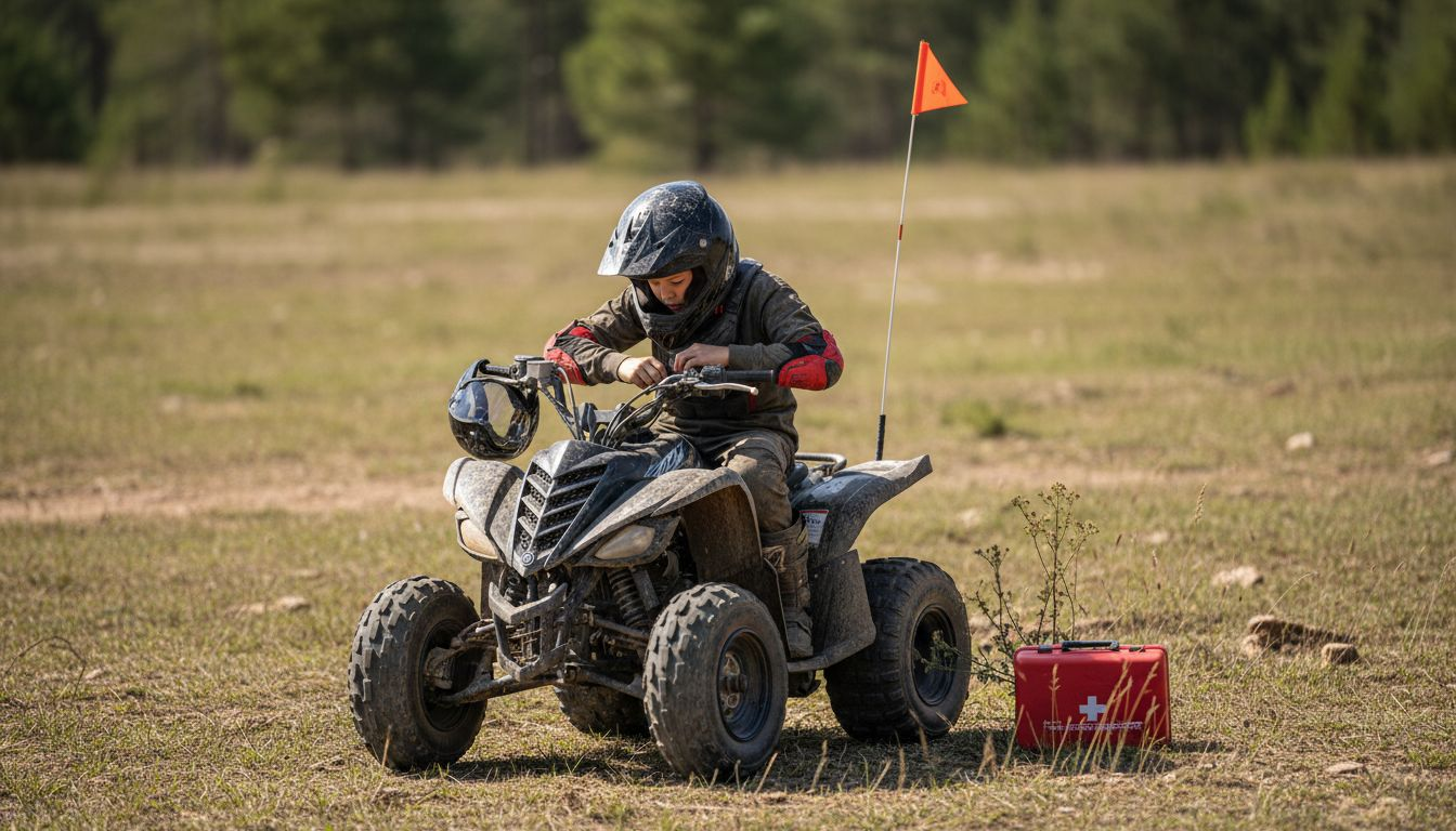 Child securing helmet and gear on ATV