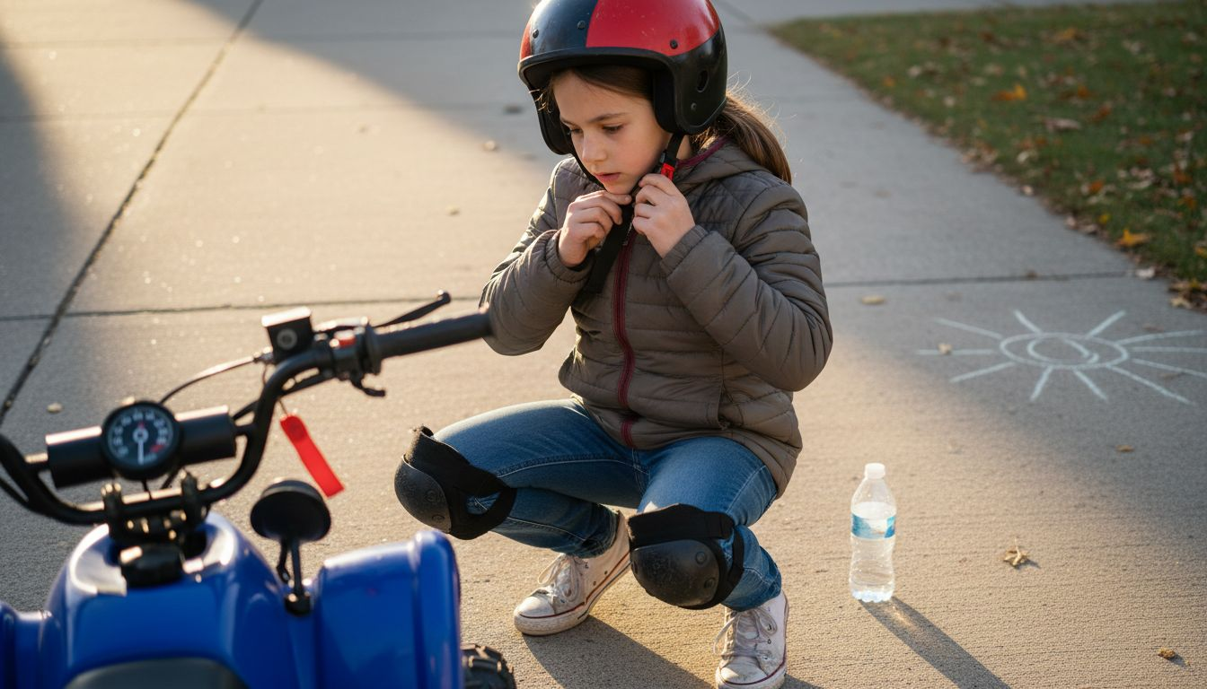 Child preparing for ATV ride with safety gear