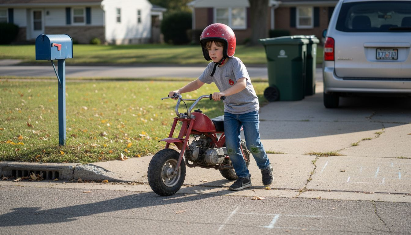 Child carefully riding mini bike on driveway