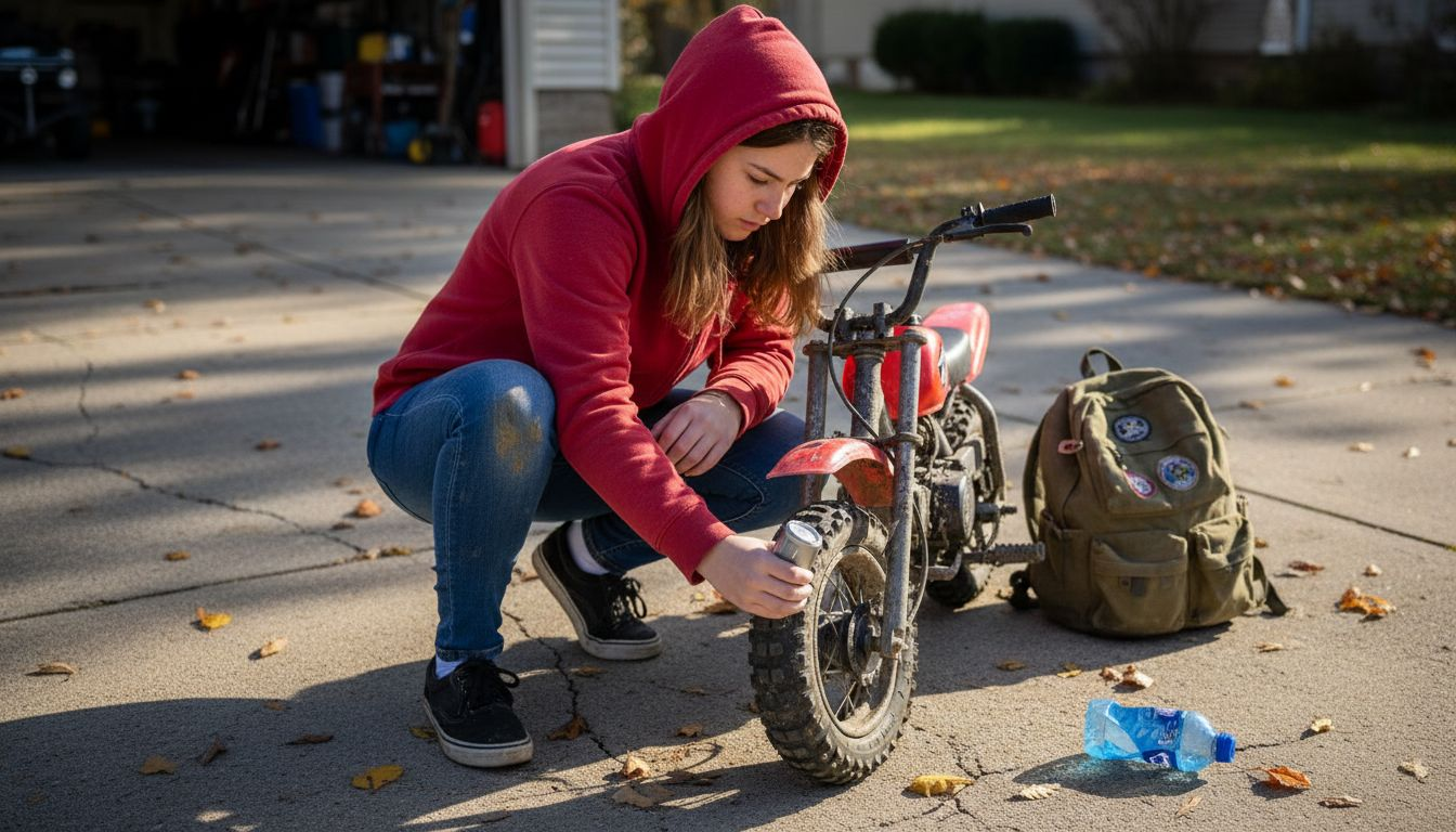 Teens checks mini bike tire pressure outdoors
