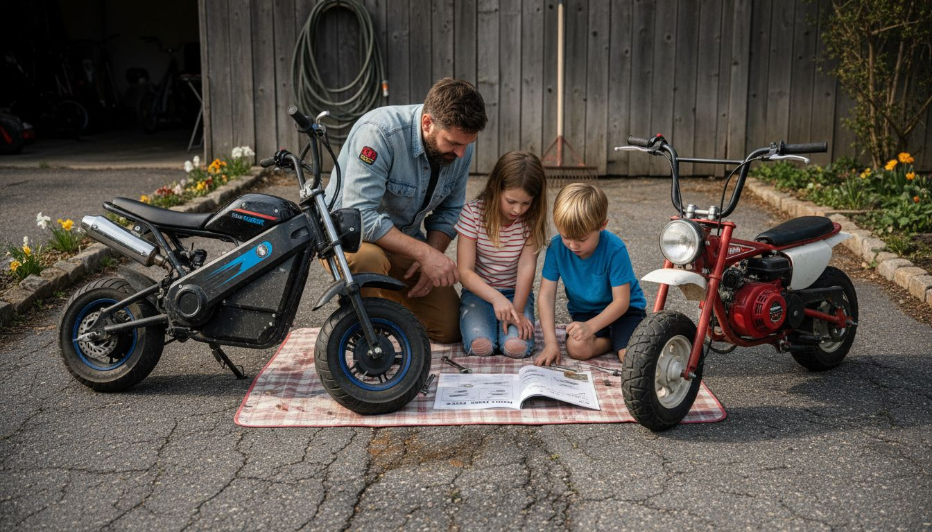 Family comparing electric and gas mini bikes