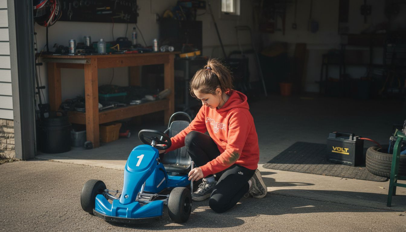 Tween girl checks go-kart tire pressure