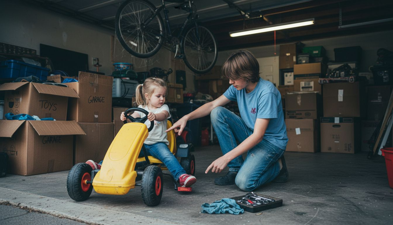 Child testing go-kart fit in garage