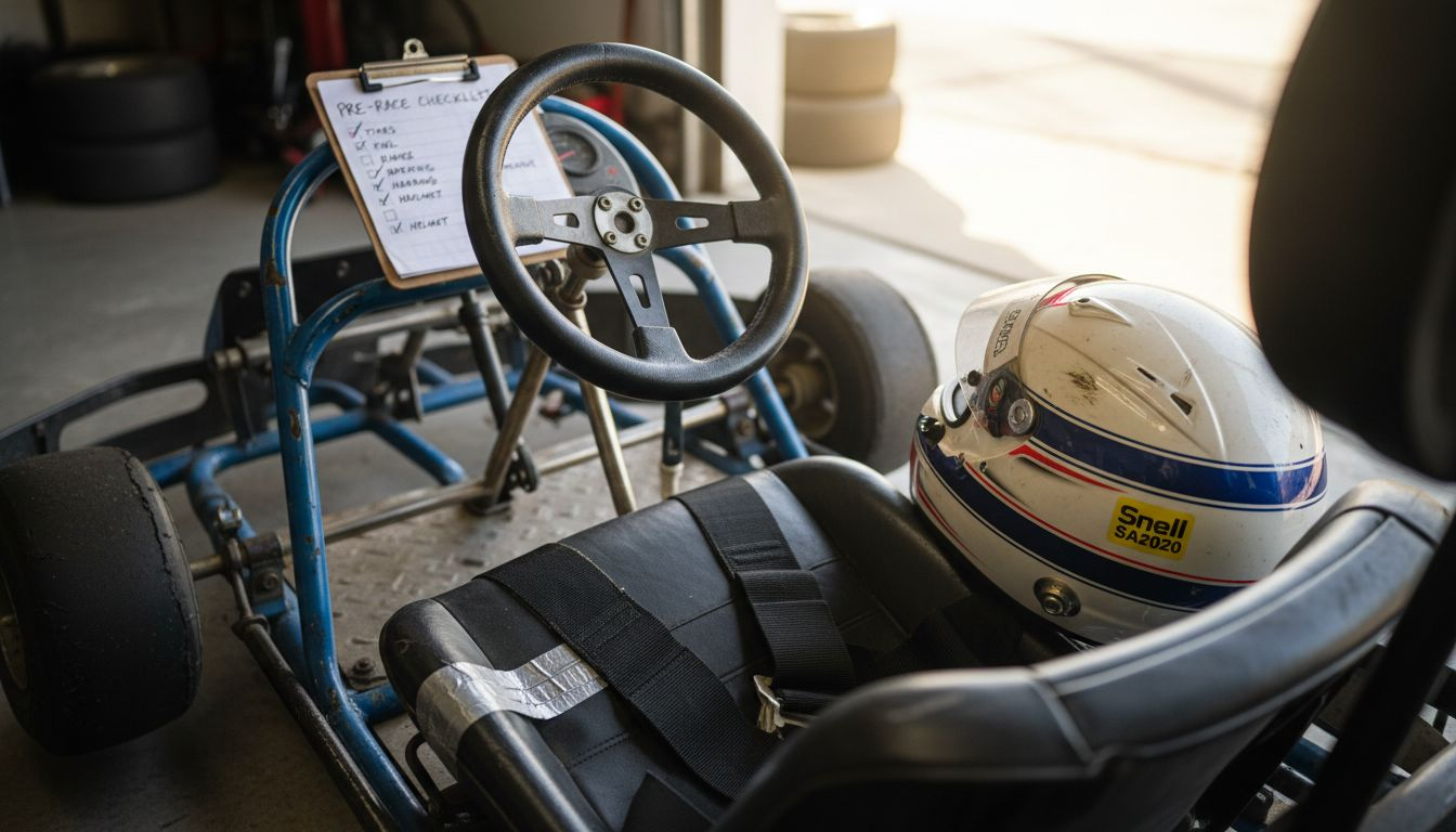 Go-kart cockpit with helmet and harness detail