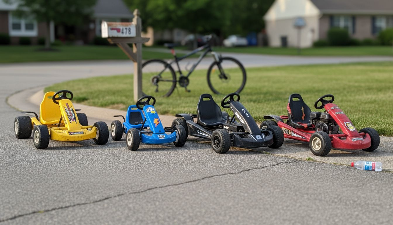 Four types of go-karts lined up outside