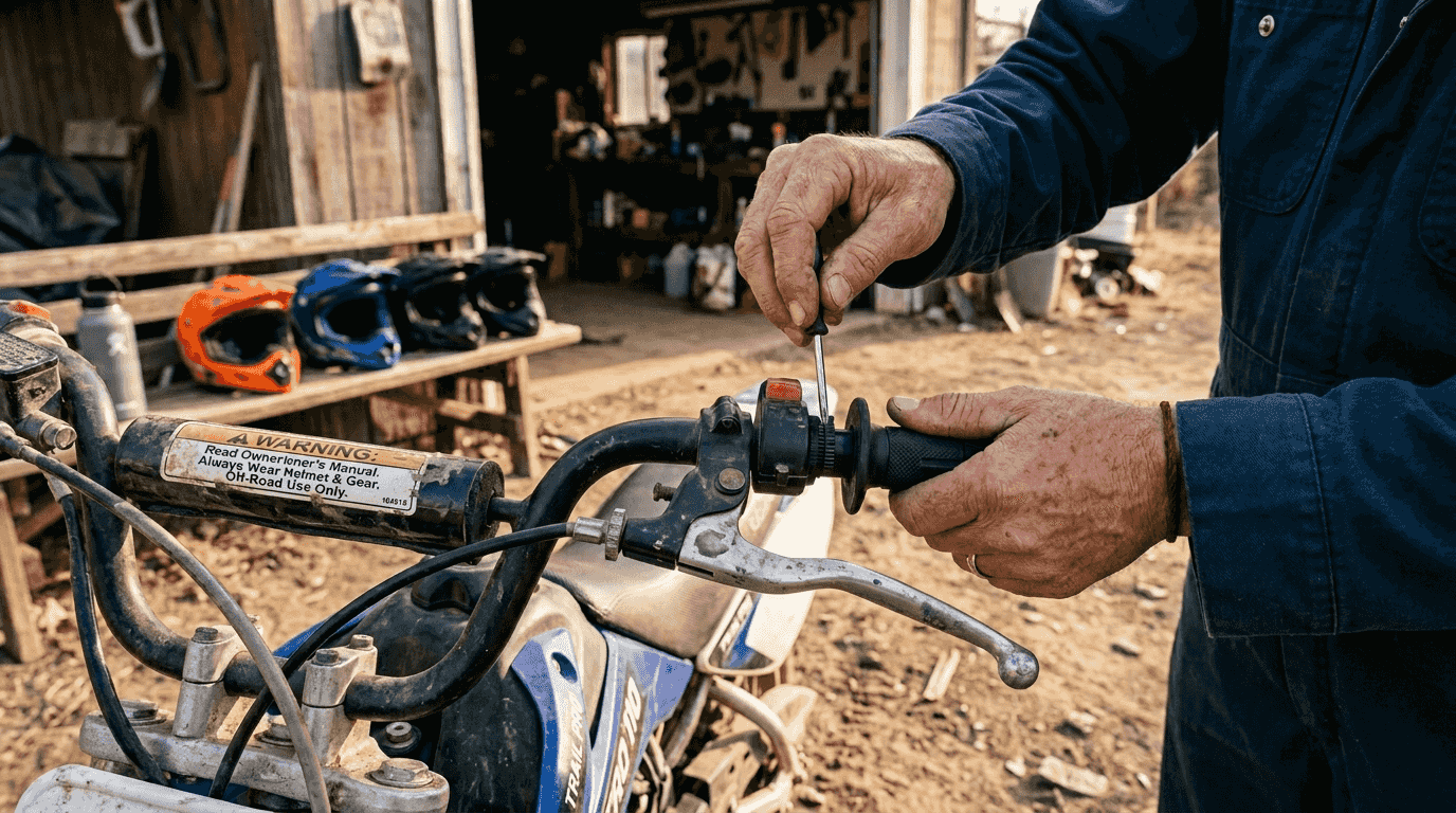 Parent adjusts safety controls on pit bike