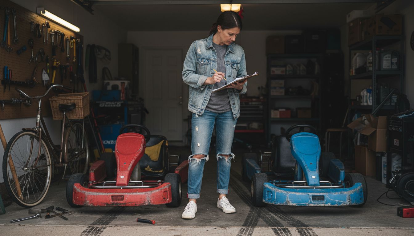 Woman comparing two go-karts in garage