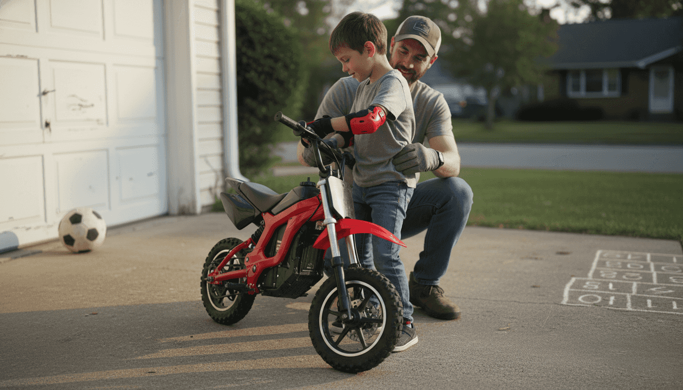 Child and parent check mini bike safety gear