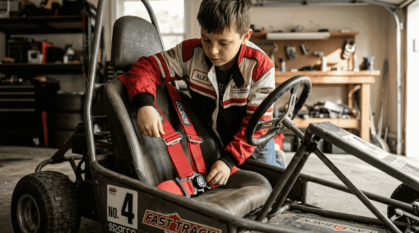 Child adjusts seatbelt in garage youth go-kart