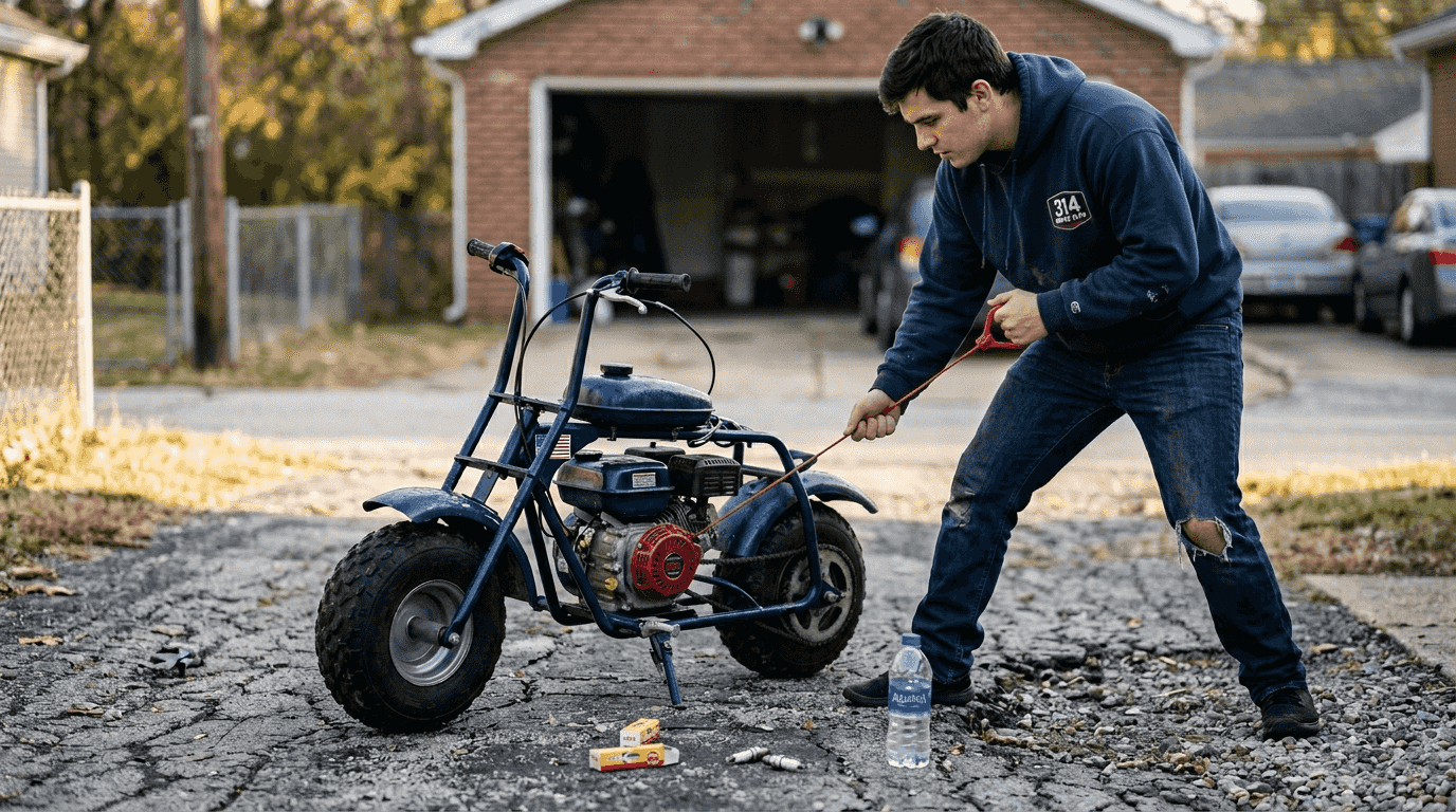 Rider testing mini bike engine outdoors