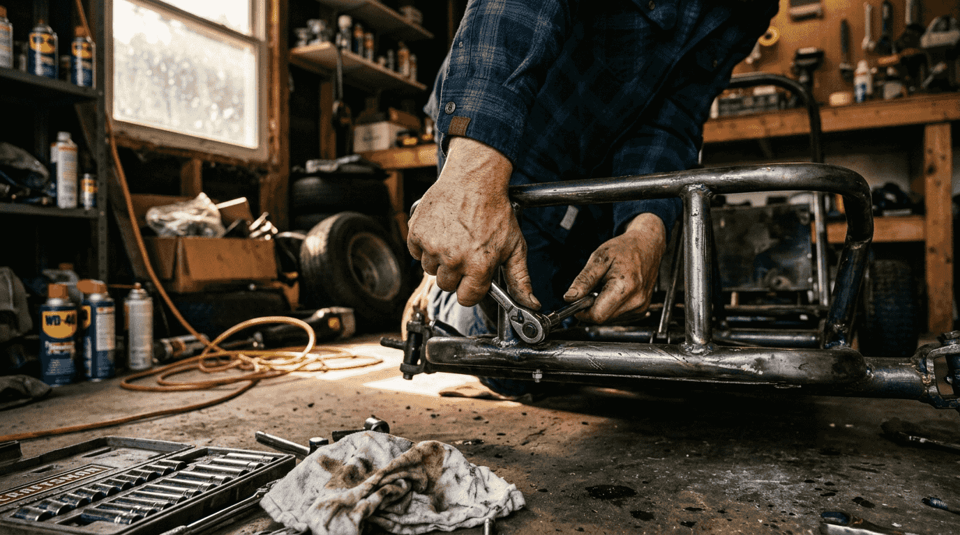 Mechanic adjusting mild-steel go-kart frame in garage