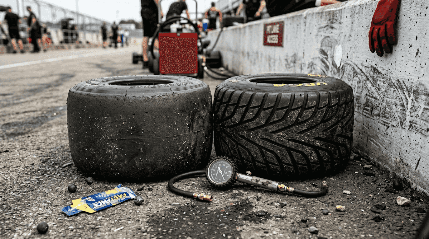 Slick and treaded go-kart tires close-up