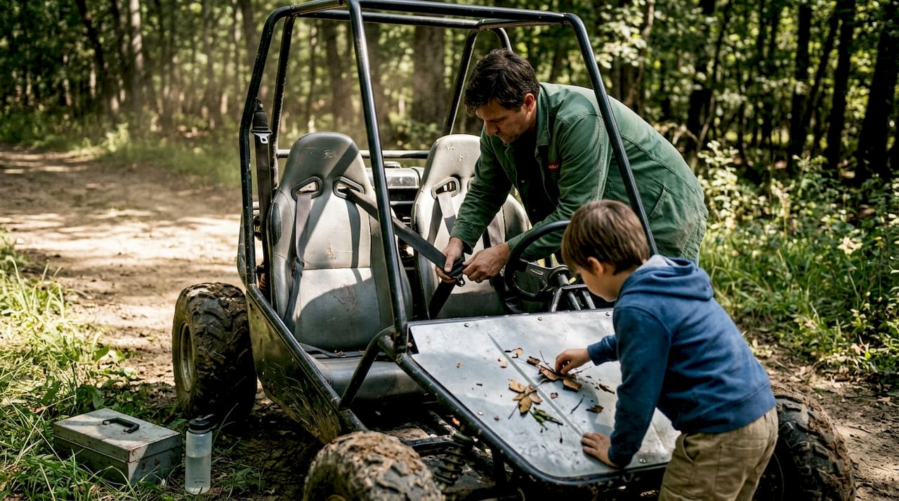 Dual-seat off-road go-kart in woods