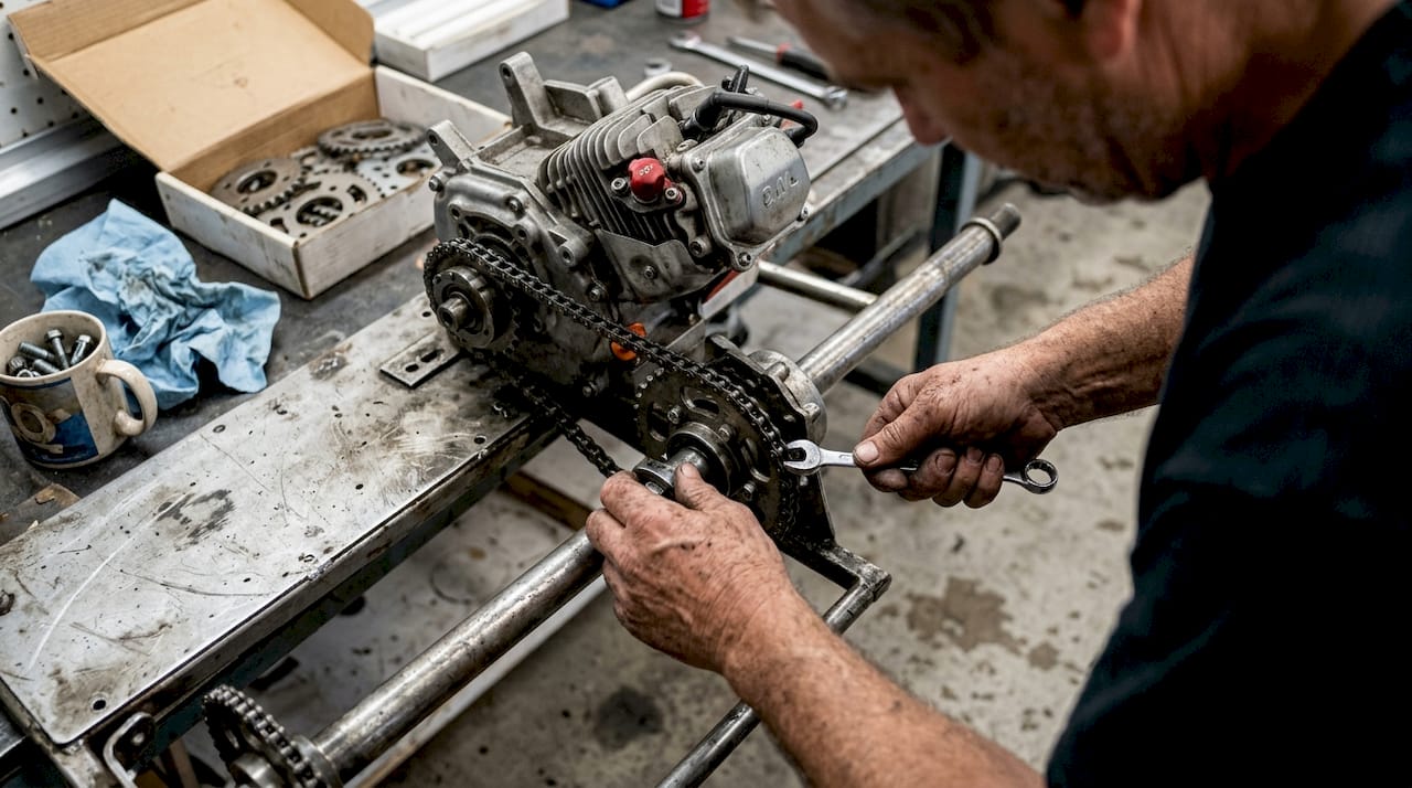 Mechanic adjusting go-kart engine and chain