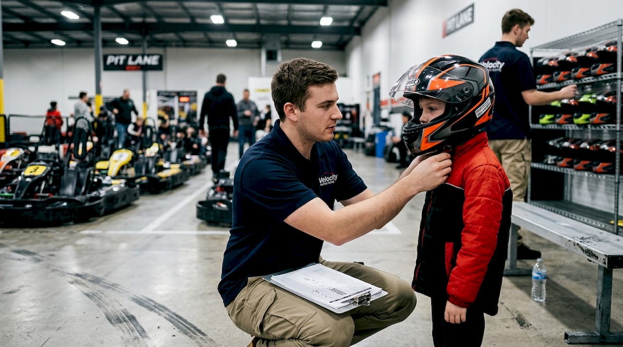 Staff checking boy’s helmet at go-kart track