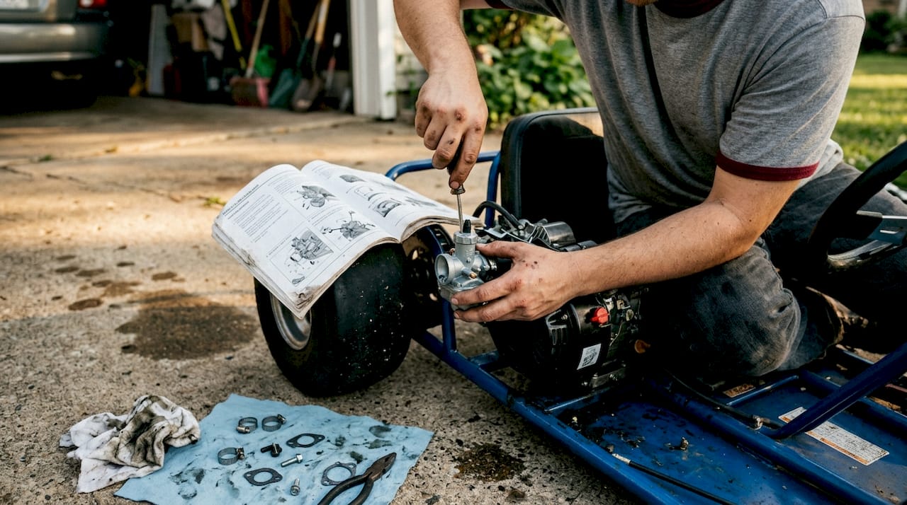 Hands installing go kart carburetor upgrade