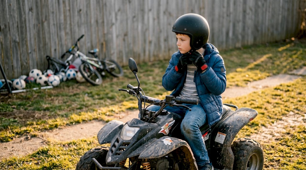 Child adjusting helmet on youth ATV in yard