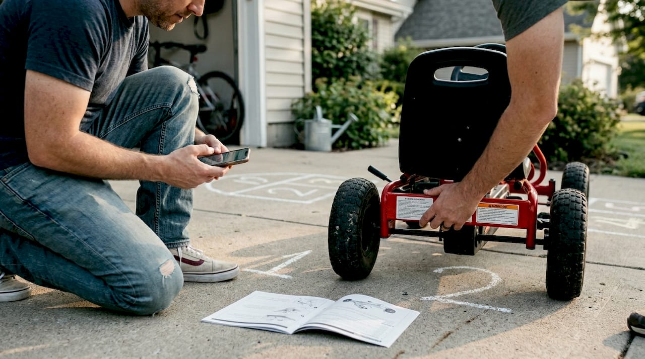 Parent checking go-kart certification label