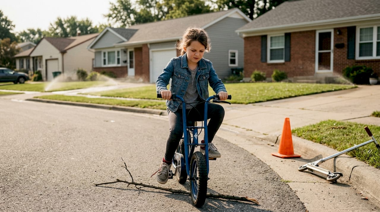 Girl rides mini bike on quiet neighborhood street