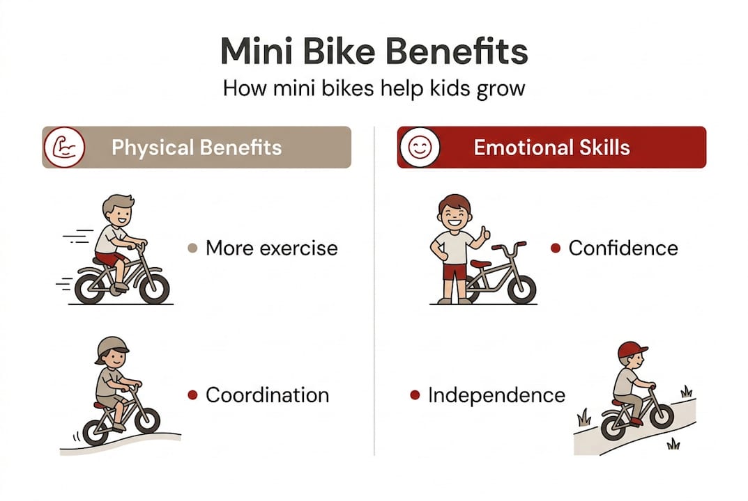 Infographic on mini bike health and skill benefits