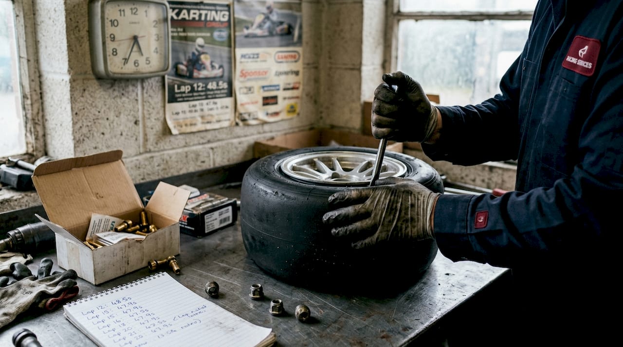 Mechanic fitting go-kart tire on workbench