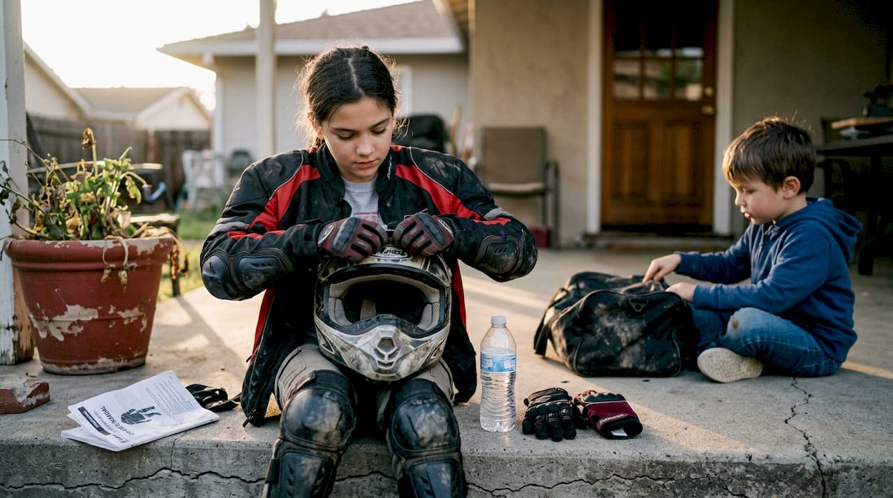 Child inspecting pocket bike safety gear at home