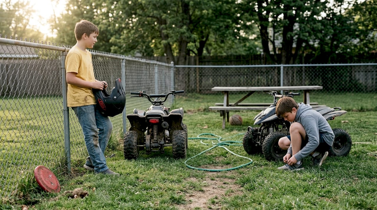 Boys with ATVs near backyard fence