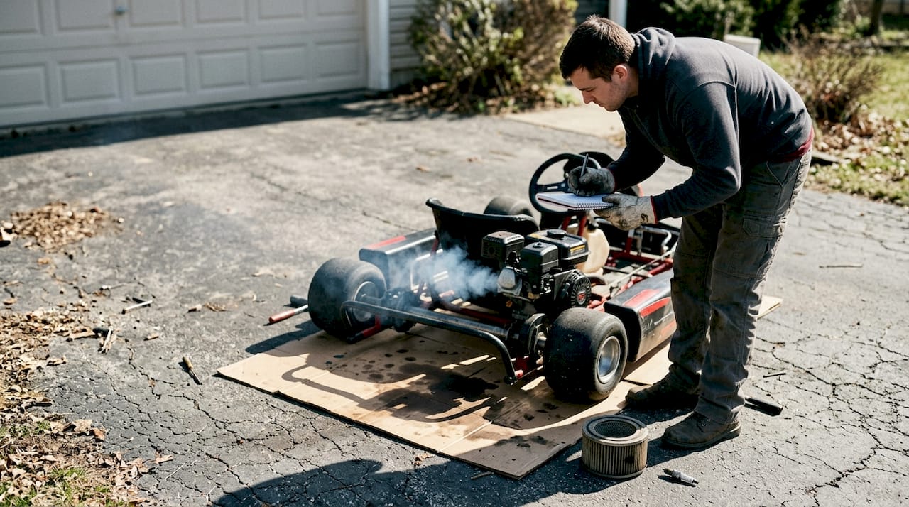 Go-kart owner notes white exhaust smoke outdoors