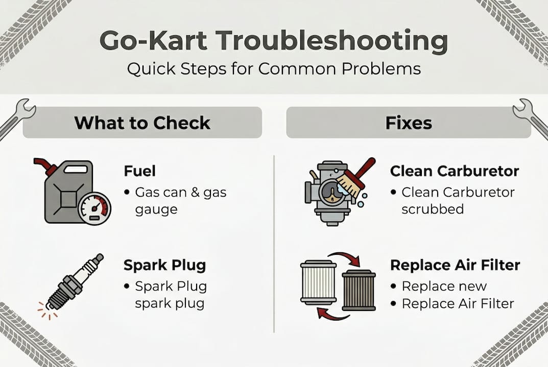 Infographic summarizing go-kart troubleshooting steps