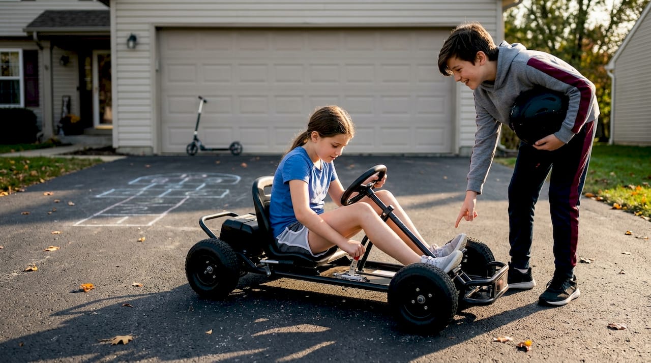 Kids adjusting go-kart seat in driveway