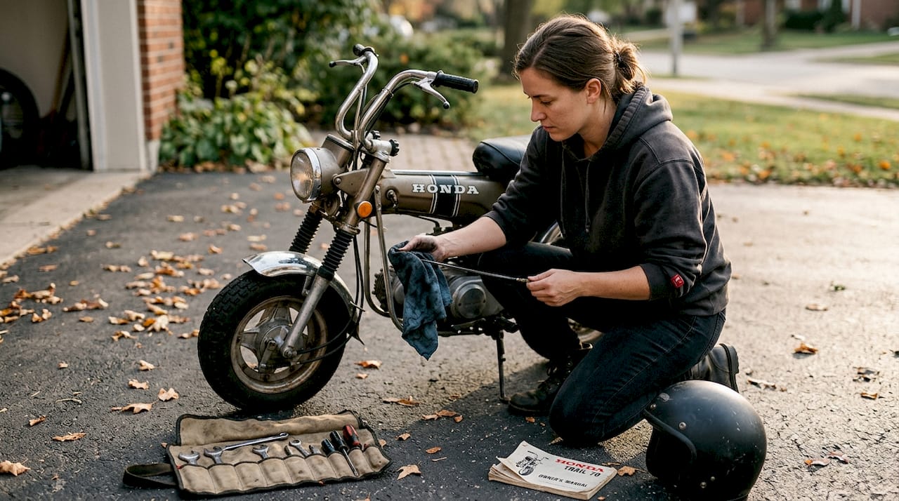 Mini bike maintenance check in driveway