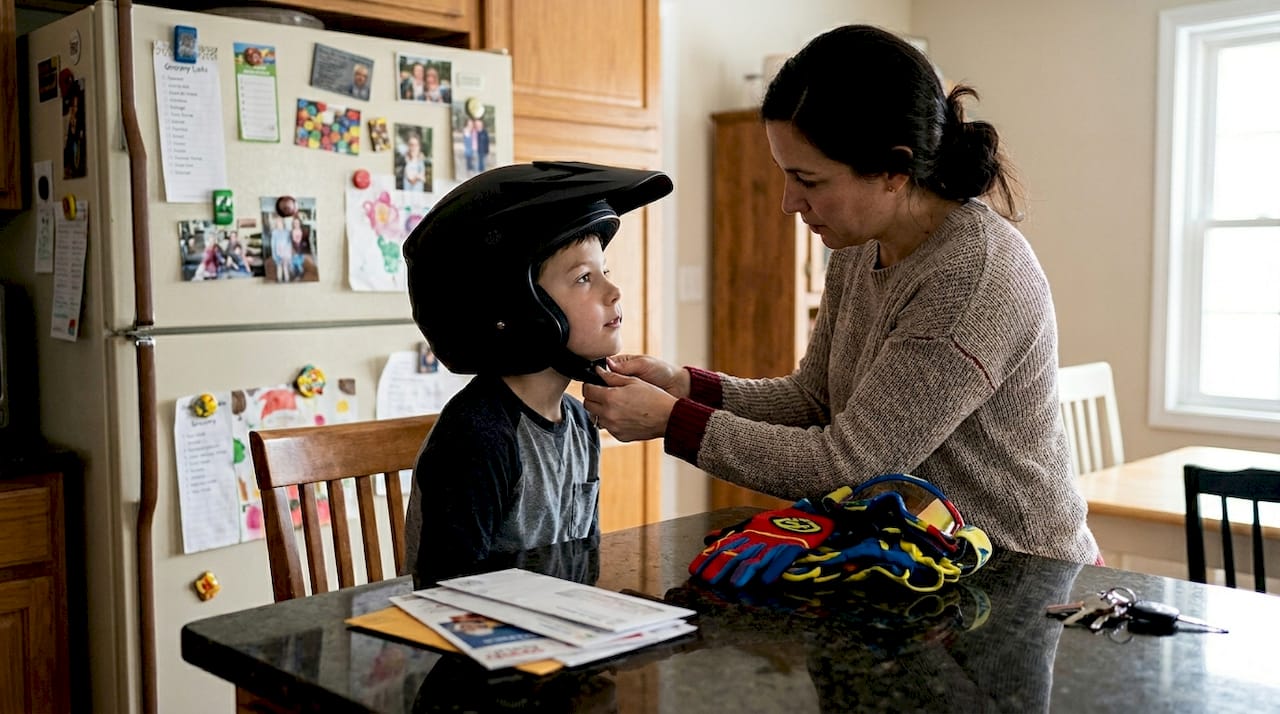 Mother checks youth ATV helmet fit in kitchen