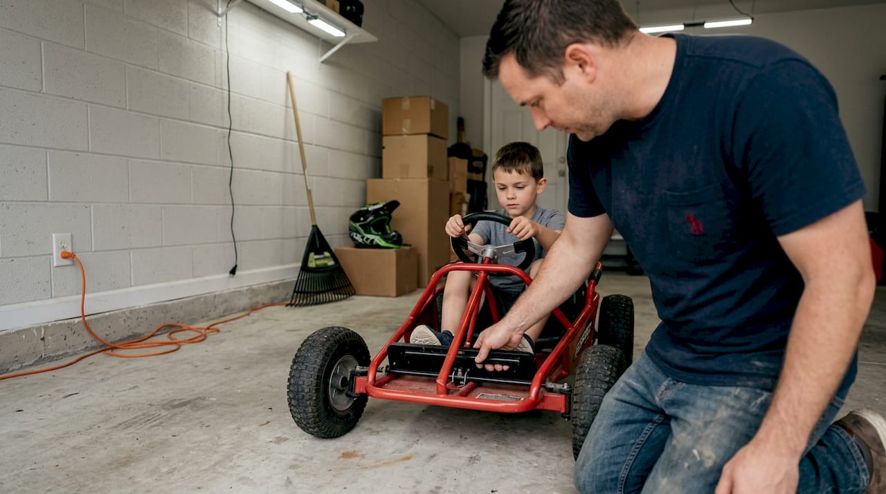 Parent adjusts seat of child’s go-kart